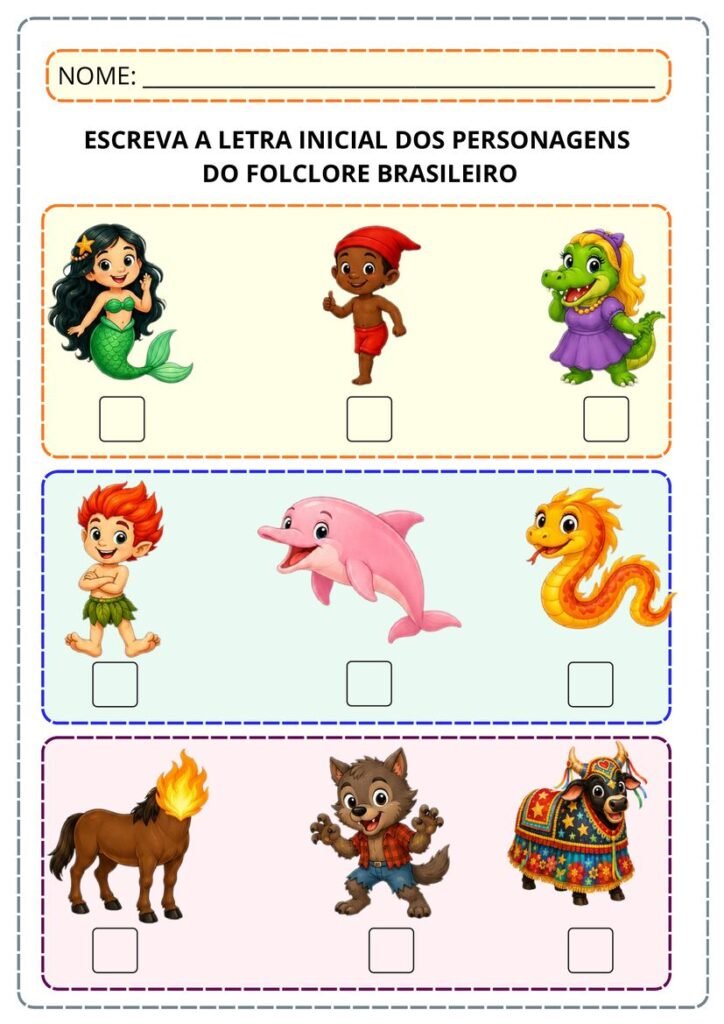 Atividade Letra Inicial Folclore para alfabetização página 1
